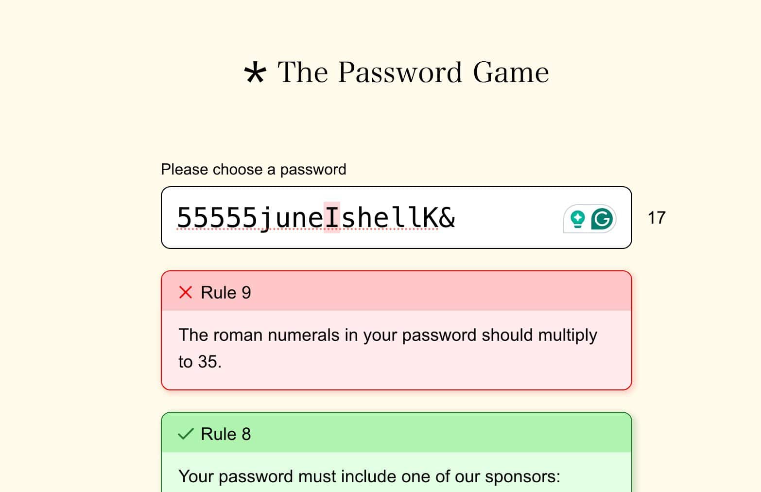 Roman numerals in your password should multiply to 35 rule