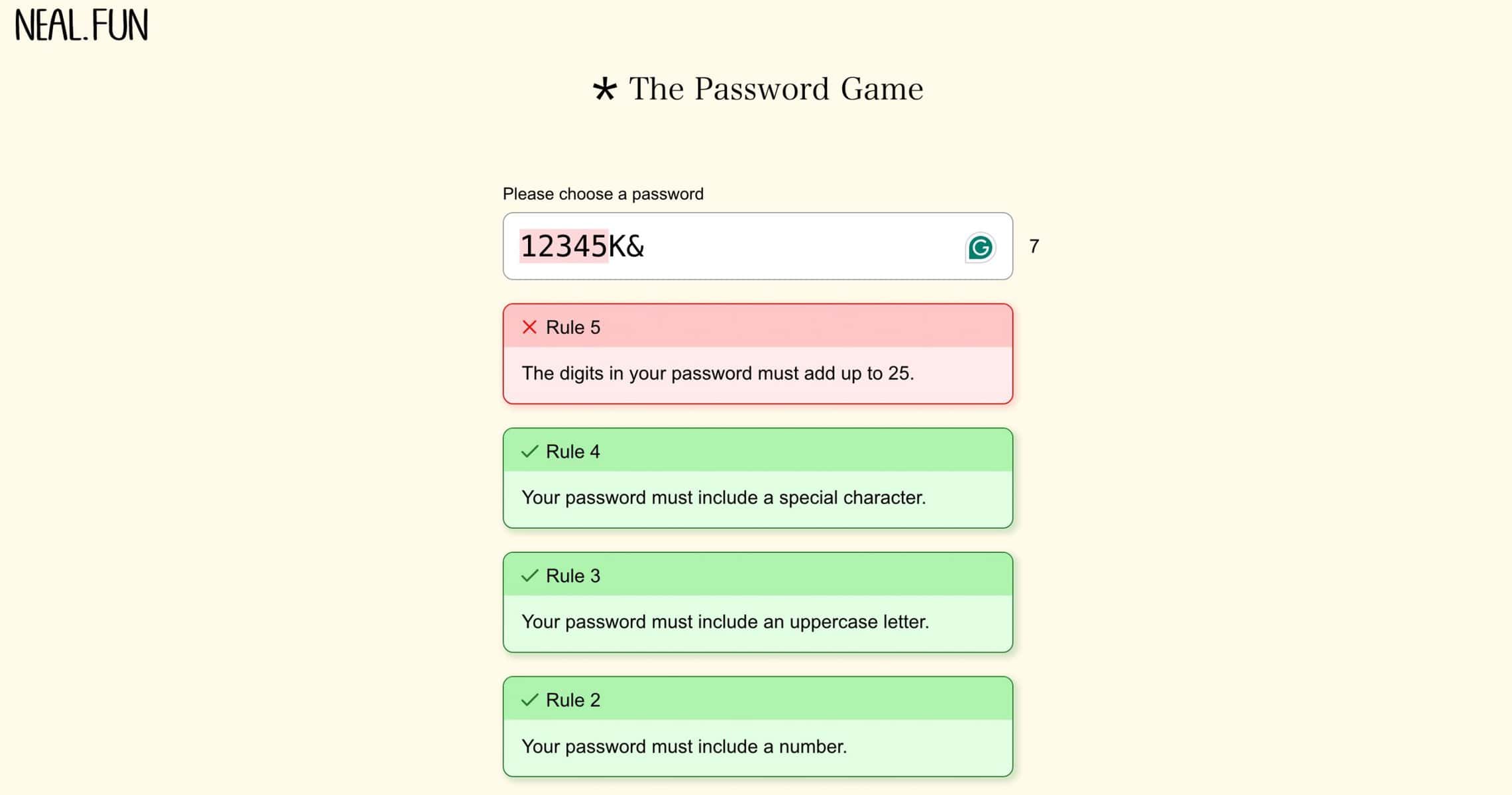 The Password Game The digits in your password must add up to 25