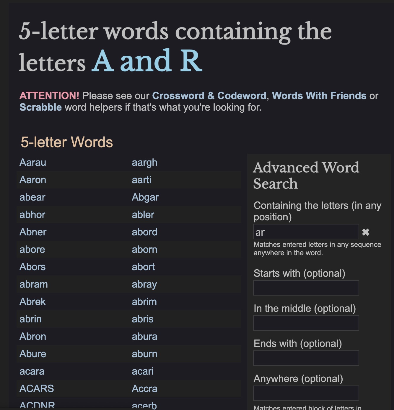 5-letter words containing the letters A and R